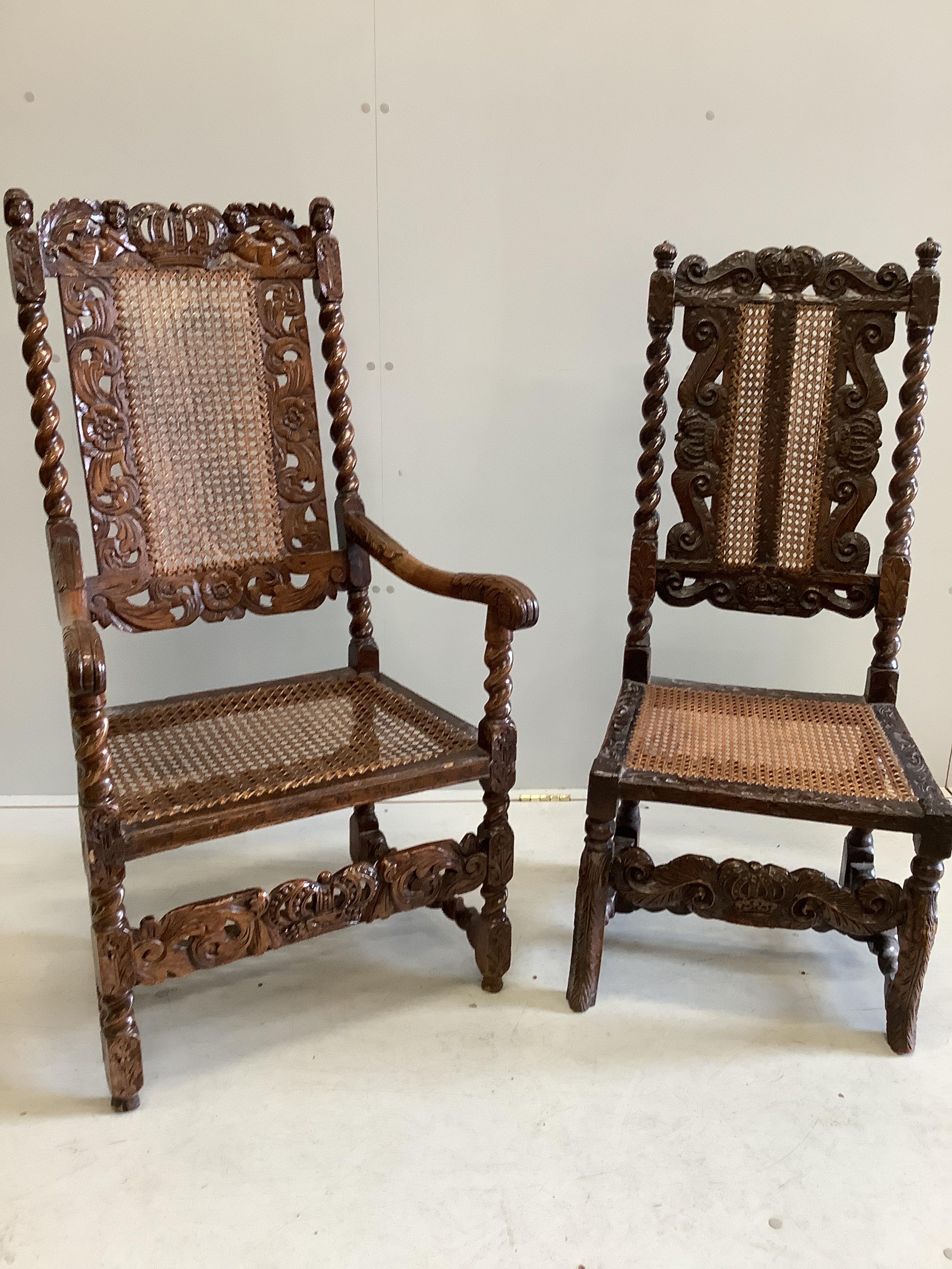 A Charles II walnut and canework open armchair and a similar side chair, larger width 60cm, depth 50cm, height 118cm